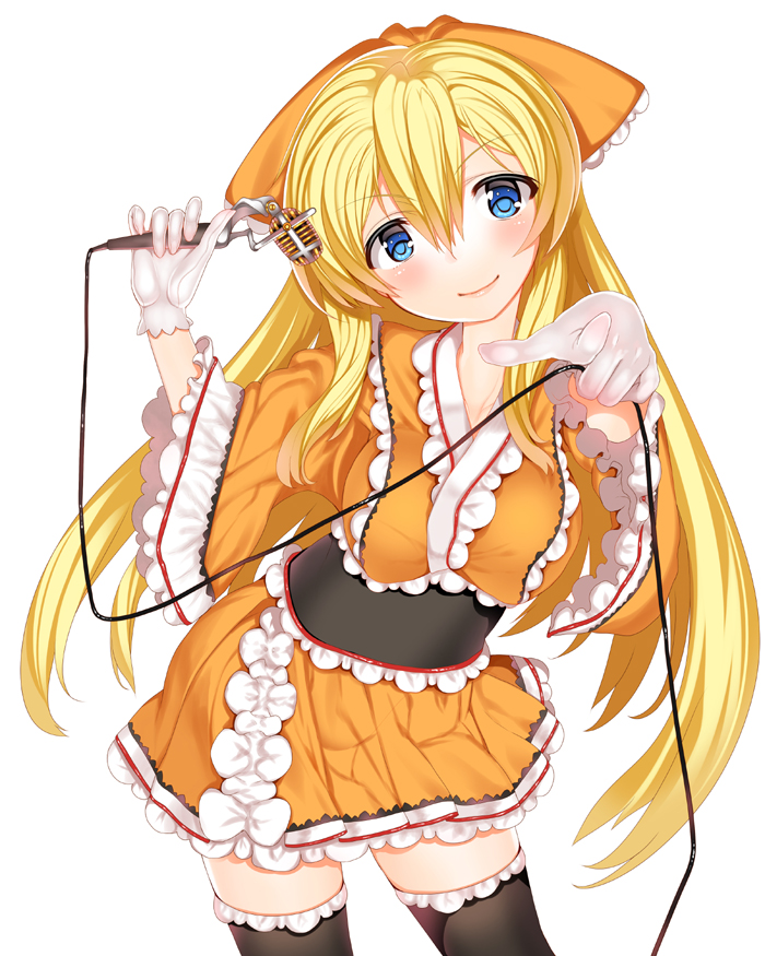 1girl black_thighhighs blonde_hair blue_eyes bow char dress female_focus gloves hair_bow japanese_clothes long_hair looking_at_viewer microphone original pointing smile solo thighhighs white_gloves