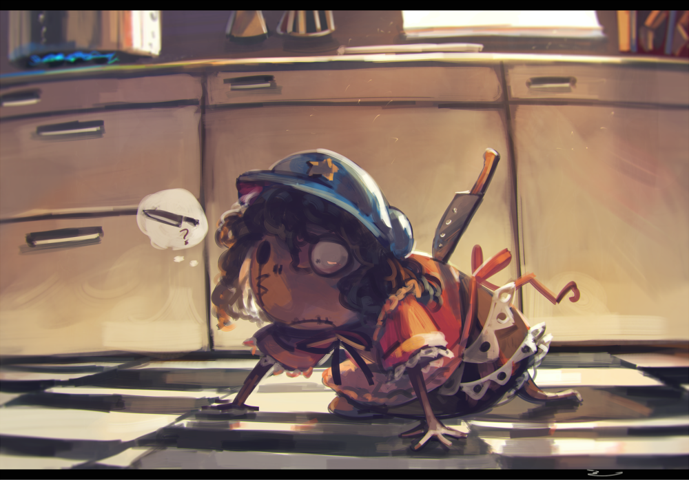 1girl apron blue_hair checkered_floor commentary_request female_focus hat impaled indoors jiangshi kitchen knife knife_in_back koto_inari letterboxed miyako_yoshika ofuda one-eyed searching short_hair solo speech_bubble thought_bubble touhou