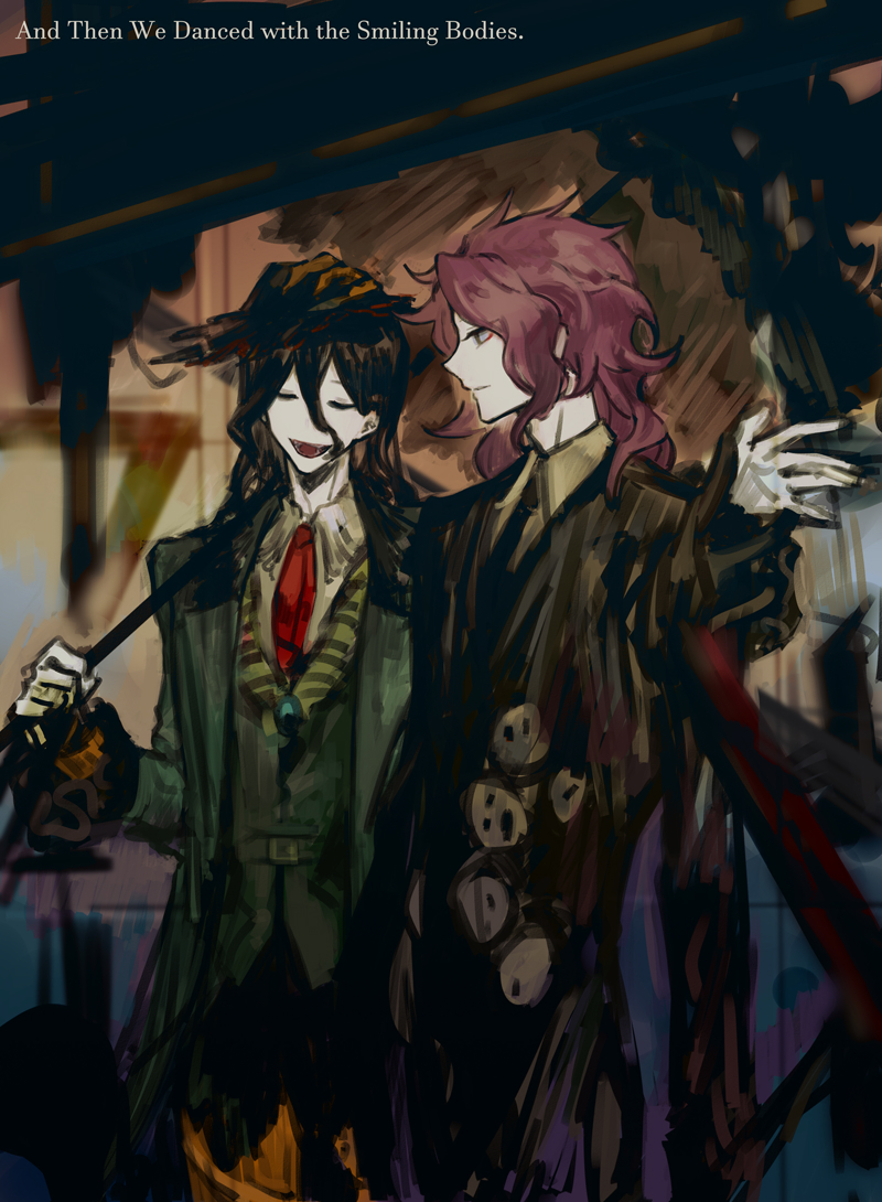 2boys black_hair black_headwear black_jacket black_swan_(e.g.o) closed_eyes collared_shirt cowboy_shot e.g.o_(project_moon) employee_(project_moon) fedora green_jacket hat holding holding_umbrella indoors jacket lobotomy_corporation long_sleeves multiple_boys necktie nishikujic nugget_(project_moon) open_mouth project_moon purple_hair red_necktie shirt smile smile_(e.g.o) umbrella white_shirt