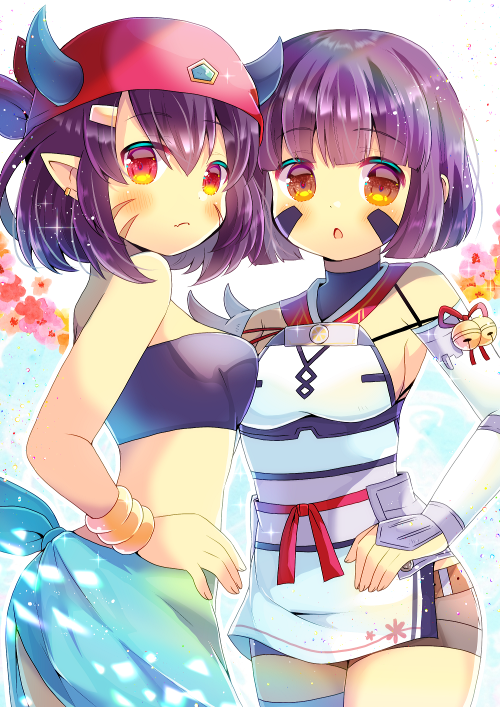 2girls :o abukuma_(azur_lane) abukuma_(azur_lane)_(cosplay) abukuma_(retrofit)_(azur_lane) azur_lane bandeau bangle bare_shoulders bell belt black_bandeau black_shorts blush bracelet breasts brown_belt brown_eyes closed_mouth copyright_request cosplay costume_switch crossover detached_sleeves dress ear_piercing facial_mark fang fang_out floral_background hair_between_eyes hand_on_own_hip horns horns_through_headwear jewelry jingle_bell kou_hiyoyo multiple_girls obi parted_lips piercing pointy_ears purple_hair red_eyes red_headwear sash short_hair short_shorts shorts small_breasts white_dress white_sleeves