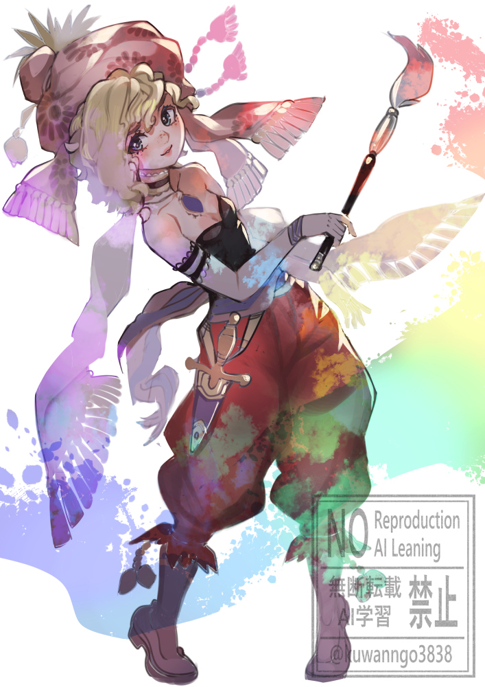 1girl armlet baggy_pants bare_shoulders black_shirt blonde_hair boots breasts brown_boots choker cleavage dagger final_fantasy final_fantasy_vi full_body hat headscarf holding holding_paintbrush jewelry knife kuwango looking_at_viewer mob_cap paintbrush pants parted_lips red_pants relm_arrowny sash shirt short_hair simple_background small_breasts smile solo strapless strapless_shirt twitter_username waist_sash wavy_hair weapon