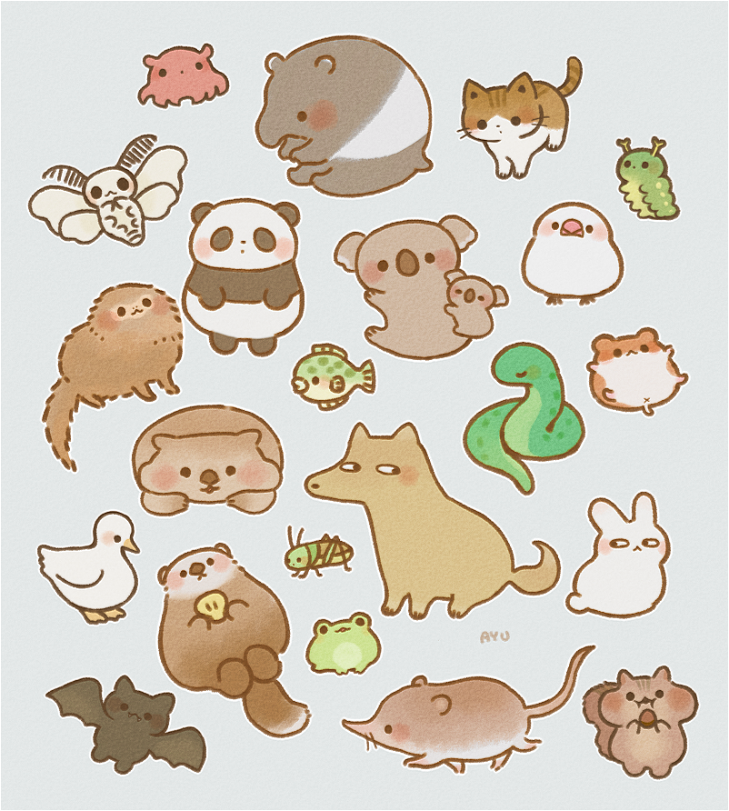:&lt; animal ayu_(mog) bad_id bad_pixiv_id bat_(animal) bird black_border blush border bug cat caterpillar chibi commentary_request duck fish frog grasshopper grey_background insect java_sparrow koala looking_at_another monkey moth mouse_(animal) no_humans original otter panda signature simple_background snake squirrel tapir umbrella_octopus white_java_sparrow wolf wombat