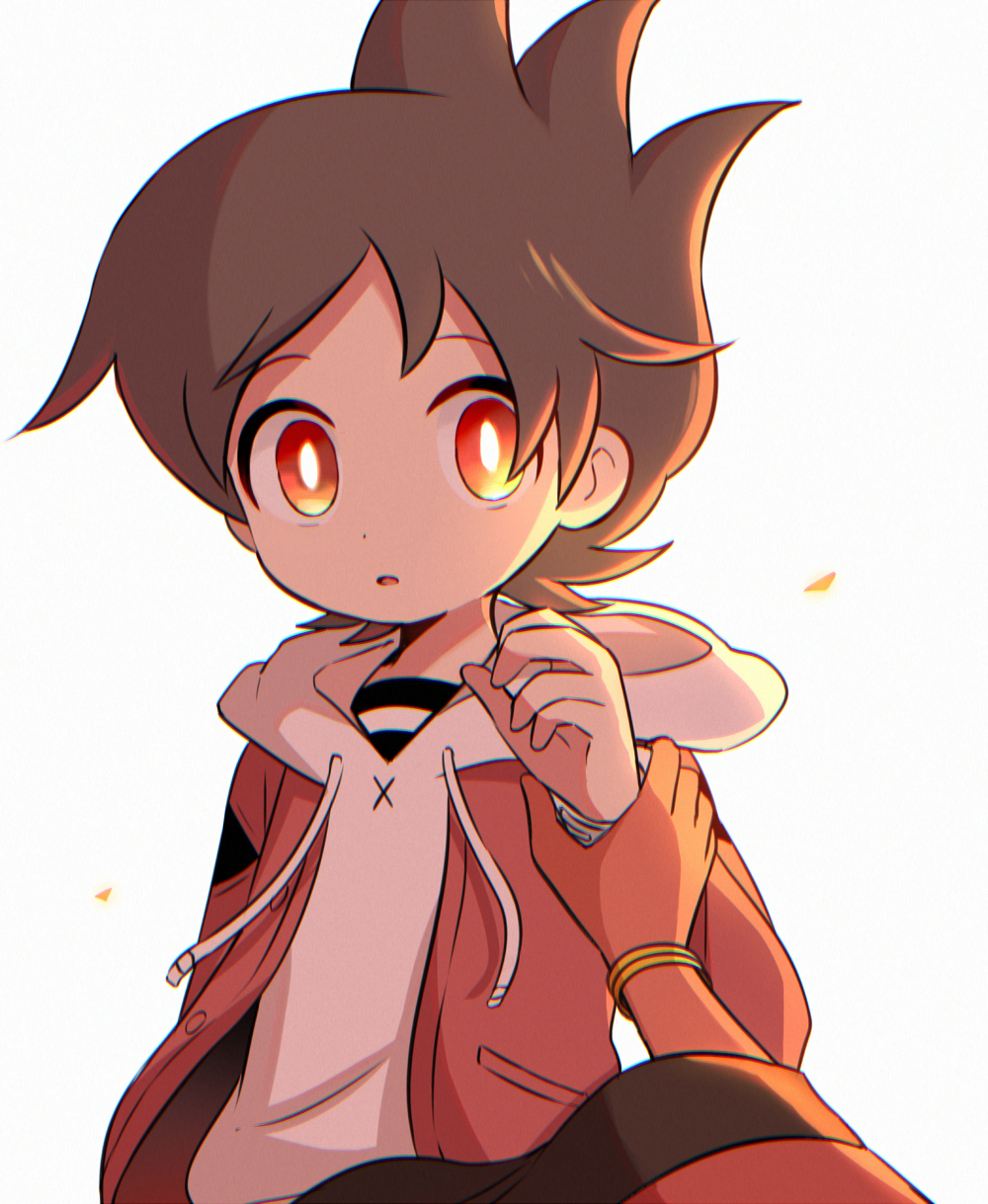 2boys :o amano_keita arm_at_side bracelet bright_pupils brown_hair colored_skin dot_nose drawstring enma_daiou_(youkai_watch) flipped_hair furisode_sleeves glowing_pupils hand_up highres holding_another&#039;s_wrist hood hood_down hoodie jacket jacket_over_hoodie jewelry kokouemae long_sleeves male_focus multiple_boys orange_eyes out_of_frame parted_lips pov red_jacket red_skin short_hair sidelighting sideways_glance simple_background solo_focus spiked_hair white_background white_hoodie white_pupils youkai_watch