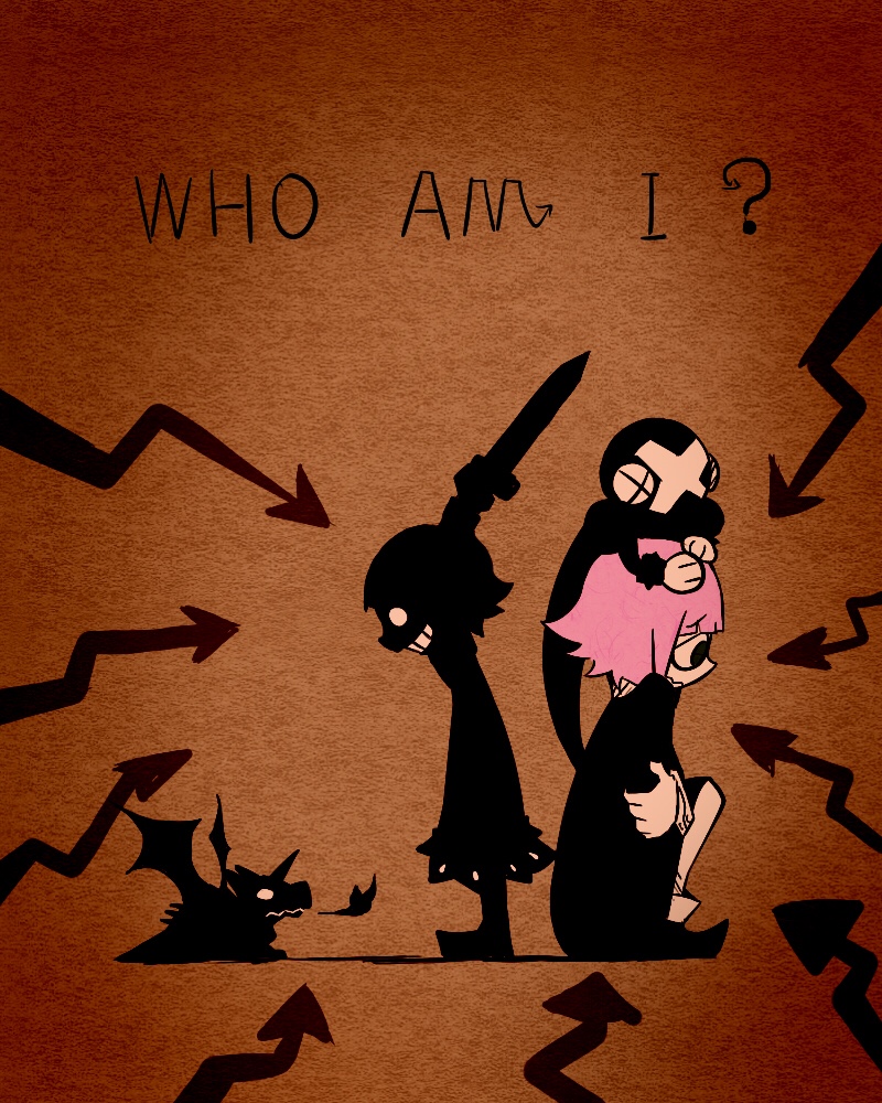 1other androgynous black_dress black_eyes black_shoes breath_weapon breathing_fire brown_background crazy_grin crona_(soul_eater) dragon dragon_wings dress fire from_side gradient_background holding holding_sword holding_weapon horns pink_hair ragnarok_(demon_sword) sha_shou shoes short_hair single_horn sitting soul_eater sword weapon wings