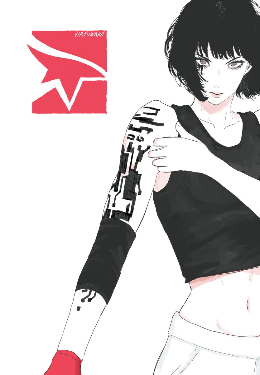 1girl arm_tattoo artist_logo black_hair black_tank_top breasts crop_top faith_connors gloves grey_eyes highres logo looking_at_viewer medium_hair midriff mirror&#039;s_edge_(series) navel pants red_gloves simple_background tank_top tattoo virtuware white_background white_pants