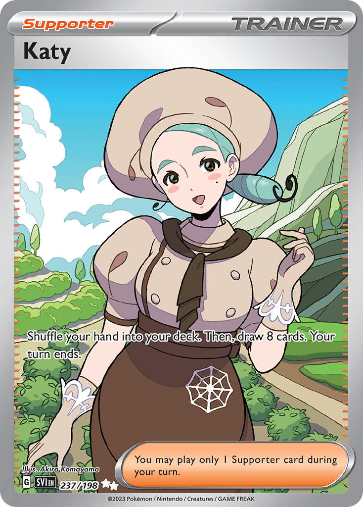 1girl :d apron artist_name blue_sky blush blush_stickers brown_apron brown_eyes brown_gloves brown_hat brown_shirt bush card_(medium) character_name cloud company_name copyright_name copyright_notice day english_text eyelashes gloves green_hair hat katy_(pokemon) komayama_akira looking_at_viewer mole mole_under_eye nintendo official_art open_mouth outdoors pokemon pokemon_card pokemon_sv pokemon_tcg puffy_short_sleeves puffy_sleeves shirt short_sleeves sky smile solo spider_web_print third-party_source trading_card
