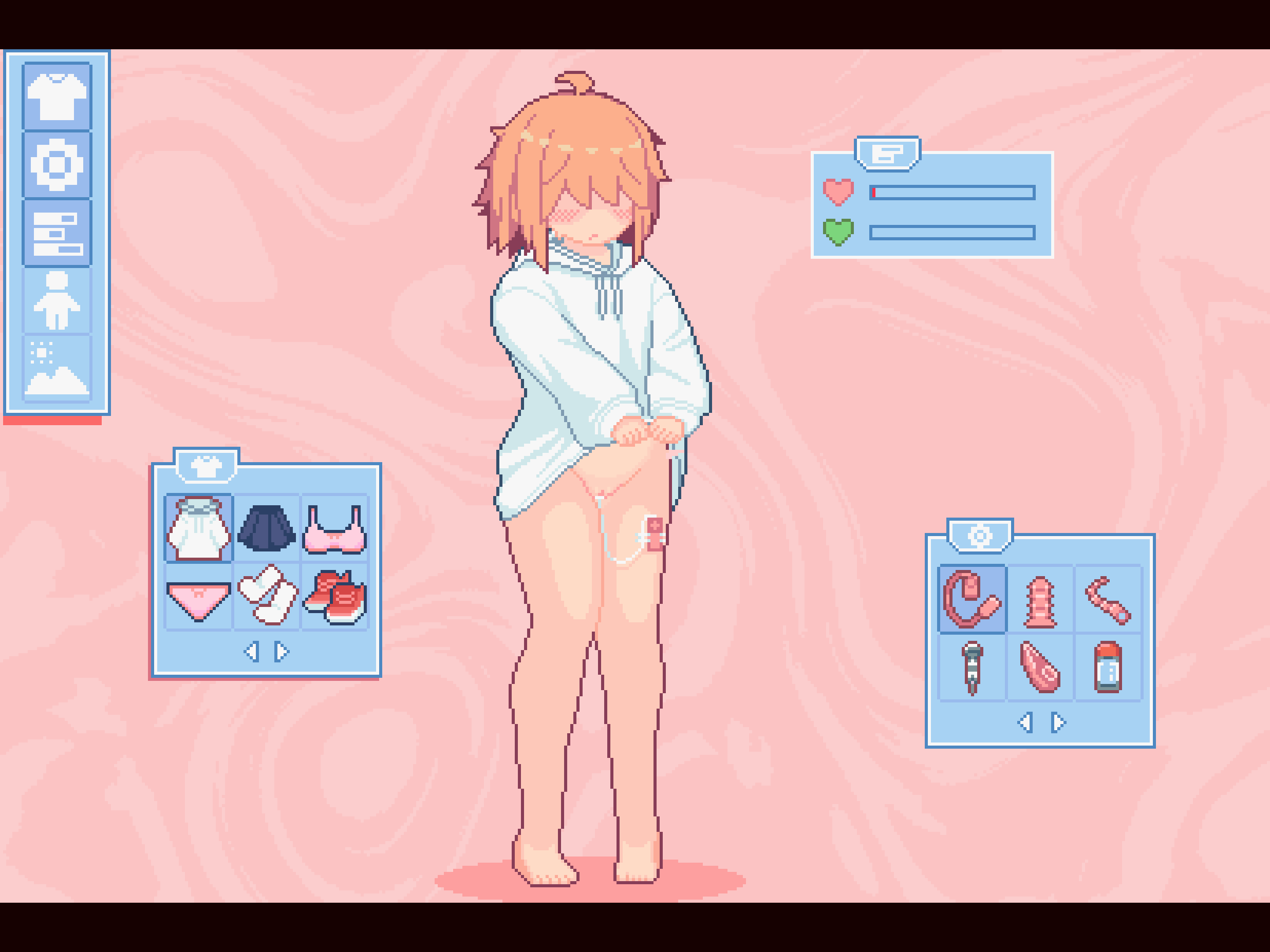 1girl ahoge animated animated_gif blush bottomless breath cleft_of_venus clothes_lift drawstring fake_screenshot female_orgasm full_body hair_over_eyes health_bar heart heavy_breathing highres hood hoodie hoodie_lift icon_(computing) letterboxed lifting_own_clothes medium_hair naked_hoodie navel object_insertion orgasm original panties pink_background pink_hair pixel_art pussy sex_toy skirt solo sotie standing tape underwear user_interface vaginal vaginal_object_insertion vibrator vibrator_cord white_hoodie