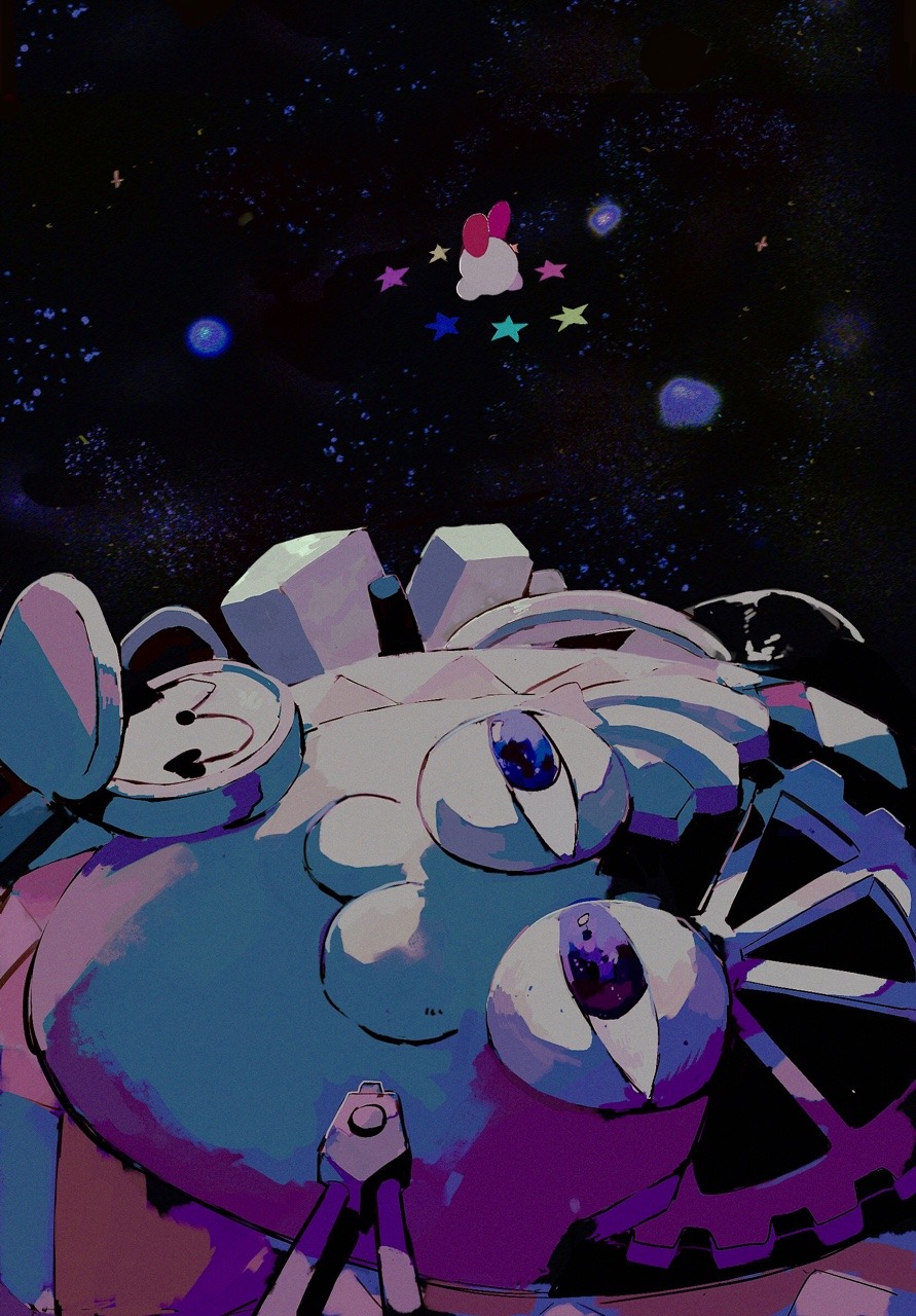 blue_eyes galactic_nova gears highres kirby kirby_(series) kirby_super_star machinery nintendo pocket_watch soumenhiyamugi space star_(sky) watch