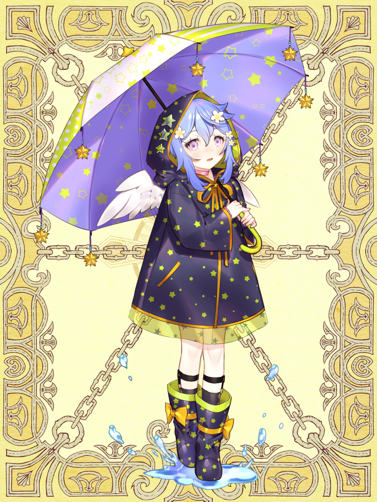 1girl black_raincoat blue_hair boots bow feathered_wings full_body holding holding_umbrella hood hooded_coat kerberos_blade medium_hair natalia_orlando orange_bow puddle purple_eyes raincoat rubber_boots shichimi solo standing star_(symbol) star_print thigh_strap umbrella white_wings wide_sleeves wings yellow_background