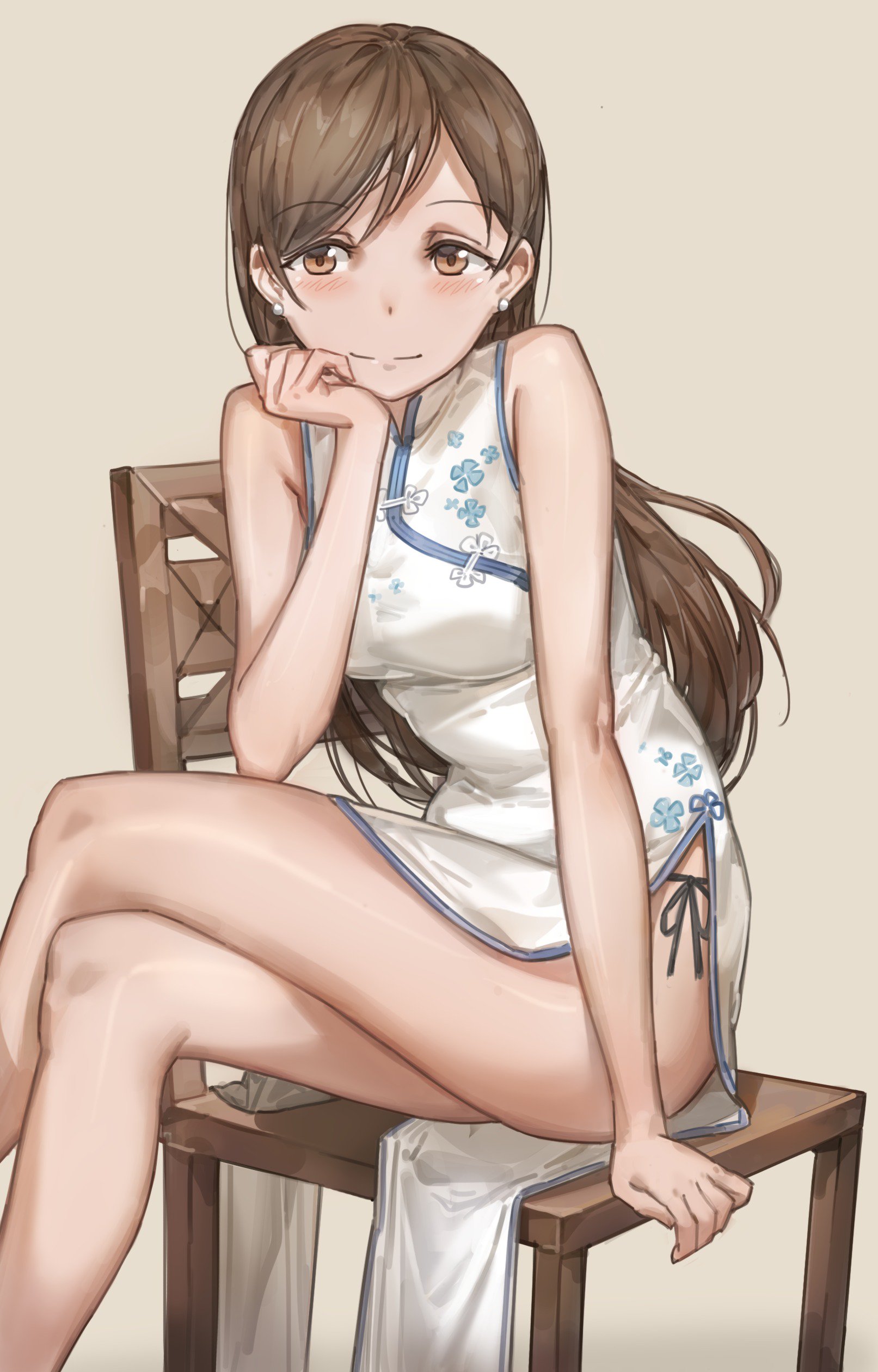 ふくらはぎ　  生脚　　ノーパン free style (yohan1754), nitta minami, idolmaster, idolmaster cinderella  girls, beige background, absurdres, highres, 10s, 1girl, arm support, bare  shoulders, blush, breasts, brown eyes, brown hair, chair, china dress,  chinese clothes, crossed legs,