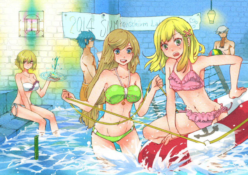 2014 2boys 3girls alternate_costume bad_id bamboo barbed_wire bikini blonde_hair blue_hair breasts brick_wall brown_hair cecil_damon cleavage commentary_request cowboy_shot eating eremes_guile flat_chest frilled_bikini frills green_bikini green_eyes hair_ornament howard_alt-eisen ikayaki indoors innertube kathryne_keyron lala_(sputnik) lamp large_breasts long_hair low-tied_long_hair margaretha_sorin medium_breasts multiple_boys multiple_girls navel open_mouth pink_bikini ragnarok_online seyren_windsor short_hair smile swim_ring swimsuit water white_bikini x_hair_ornament