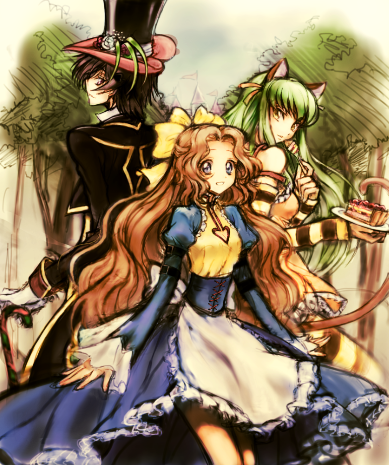 1boy 2girls alice_(alice_in_wonderland) alice_(alice_in_wonderland)_(cosplay) alice&#039;s_adventures_in_wonderland animal_ears black_hair blue_dress blue_eyes brown_hair c.c. c_(rahit) cane cat_ears cheshire_cat_(alice_in_wonderland) cheshire_cat_(cosplay) code_geass code_geass:_nunnally_in_wonderland cosplay detached_sleeves dress food green_hair hair_ribbon hat lelouch_vi_britannia long_hair mad_hatter_(alice_in_wonderland) mad_hatter_(alice_in_wonderland)_(cosplay) multiple_girls nunnally_vi_britannia pie puffy_sleeves rahit ribbon smile top_hat yellow_eyes