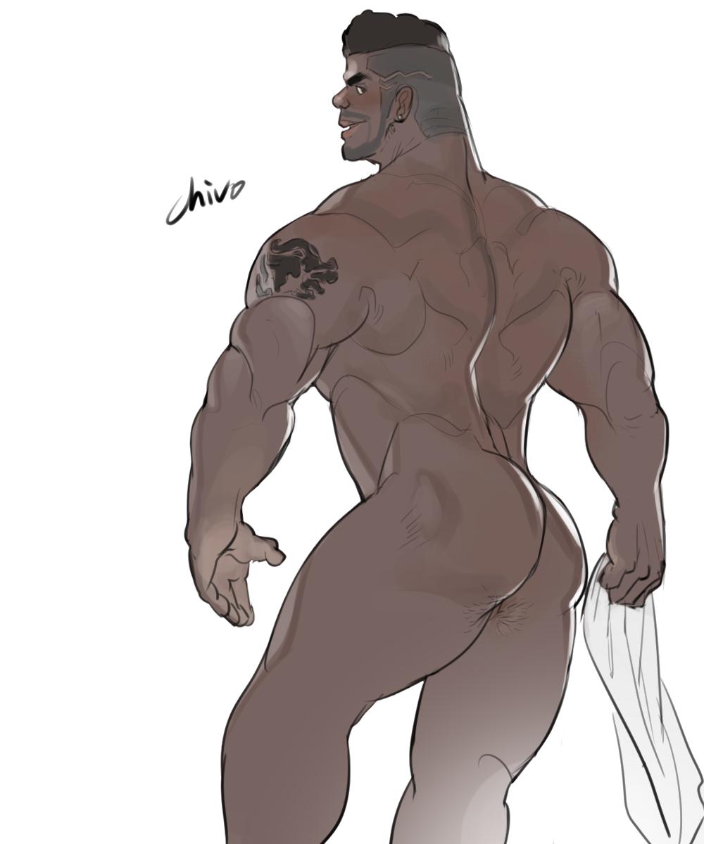 1boy ass baptiste_(overwatch) bara beard blush brown_hair chivo_(kalchivo) completely_nude dark-skinned_male dark_skin facial_hair feet_out_of_frame highres looking_at_viewer male_focus mature_male muscular muscular_male nude overwatch overwatch_1 short_hair shoulder_tattoo smug solo tattoo thick_thighs thighs undercut