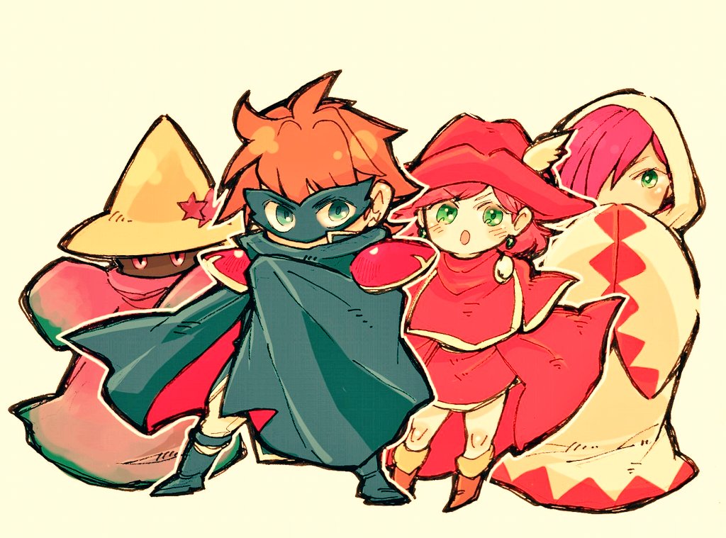 1boy 3girls bartz_klauser black_mage_(final_fantasy) blue_cape blue_mage_(final_fantasy) boots cape domino_mask faris_scherwiz final_fantasy final_fantasy_v hat krile_mayer_baldesion_(ff5) lenna_charlotte_tycoon mask multiple_girls protected_link red_cape red_headwear red_mage_(final_fantasy) robe saitou_piyoko white_mage_(final_fantasy) white_robe witch_hat