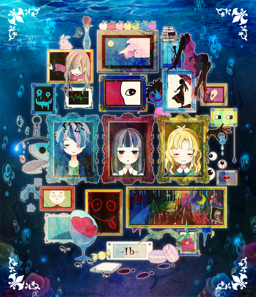 1boy 3girls ant antenna_hair apple blonde_hair blue_bow blue_bowtie blue_coat book book_stack bow bowtie brown_eyes brown_hair bubble bug candy character_request closed_eyes closed_mouth coat collared_dress collared_shirt commentary_request disembodied_eye dress evil_smile eyelashes flower food fruit fur-trimmed_coat fur_trim garry_(ib) green_dress grey_hair hair_over_one_eye hand_on_another&#039;s_head ib_(ib) ib_(kouri) insect lace lace-trimmed_dress lace_trim light_blush long_hair looking_at_viewer macaron mary_(ib) multiple_girls open_clothes open_coat open_mouth painting_(object) parted_lips picture_frame pink_flower pink_shirt rabbit red_bow red_bowtie red_flower red_rose rose shirt short_hair shuu_moto smile straight-on straight_hair underwater vase wavy_hair white_shirt