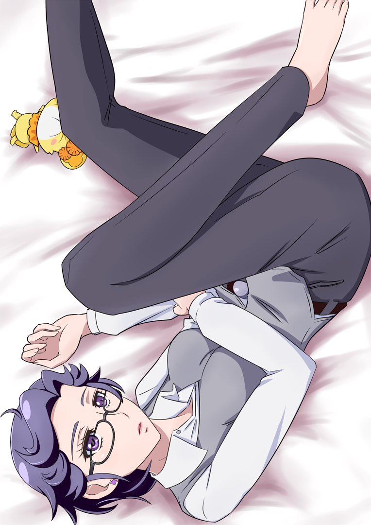 1boy 1girl bad_id bad_pixiv_id bed_sheet blue_hair davi_(dokidoki!_precure) db_(dokidoki!_precure) dokidoki!_precure earrings glasses gudon_(iukhzl) jewelry looking_at_viewer lying multiple_girls precure rance_(dokidoki!_precure) short_hair spade_(shape) spade_earrings vest