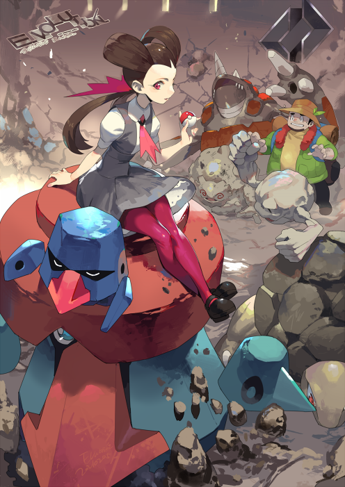 1boy 1girl artist_name brown_hair crossed_legs dress e_volution gen_1_pokemon gen_3_pokemon gen_4_pokemon geodude golem graveler grey_dress gym_leader hair_ribbon hair_rings hand_up hiker_(pokemon) holding holding_poke_ball long_hair nintendo nosepass pantyhose pink_pantyhose pink_ribbon poke_ball poke_ball_(basic) pokemon pokemon_(creature) pokemon_oras probopass rhyperior ribbon riding riding_pokemon rock roxanne_(pokemon) shoes short_sleeves sitting twintails