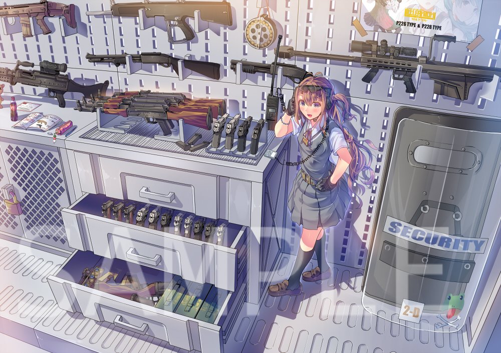 1girl :d aa-12 ak-47 ammunition ammunition_box animal_print antenna_hair anti-materiel_rifle armory assault_rifle automatic_shotgun bad_id bad_twitter_id ballistic_shield barrett_firearms_manufacturing barrett_m82 barrett_m82a2 battle_rifle belt belt_buckle black_gloves black_socks blush bottle bracelet break-action_grenade_launcher brown_hair brown_shoes buckle bullpup cable coca-cola collared_shirt combat_shotgun daito drawer dress drum_magazine english_text female_focus fn_scar frog_print full_body gloves goggles goggles_on_head green_dress grenade_launcher gun hand_on_own_hip handgun high-capacity_magazine i-pod indoors jewelry kalashnikov_rifle kneehighs little_armory loafers lock long_hair m60_(machine_gun) m79 machine_gun magazine_(weapon) name_tag night-vision_device one_side_up open_mouth original pearl_bracelet pencil_case pistol pleated_dress poster_(object) purple_eyes radio rifle riot_shield sample_watermark scope semi-automatic_rifle shadow shelf shield shirt shoes short_sleeves shotgun shotgun_shell sig_p228/p229 sig_sauer skull_and_crossbones smile sniper_rifle socks soda soda_bottle solo standing stuffed_animal stuffed_toy suitcase sunlight tape teddy_bear text_focus tomoko_kashiwagi tomytec translucent very_long_hair walkie-talkie watermark wavy_hair weapon weapon_focus weapon_request white_shirt wire