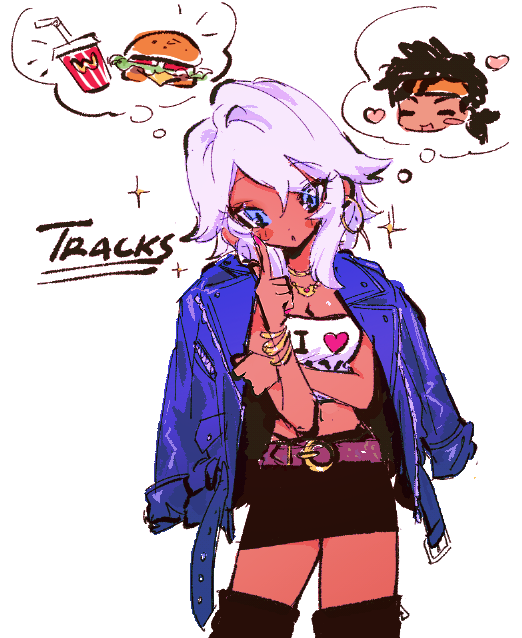1girl :o belt black_footwear black_hair black_skirt blue_eyes blue_jacket blush boots breasts burger character_name cleavage cup disposable_cup drinking_straw finger_to_cheek food genderswap genderswap_(mtf) head_tilt headband holding_own_arm humanization i_heart... jacket jacket_on_shoulders jewelry leather leather_jacket low_ponytail medium_breasts mu_(meatfriedsteak) necklace orange_headband ponytail purple_belt purple_hair skirt solo_focus sparkle strapless thigh_boots tracks_(transformers) transformers tube_top wcdonald&#039;s white_tube_top
