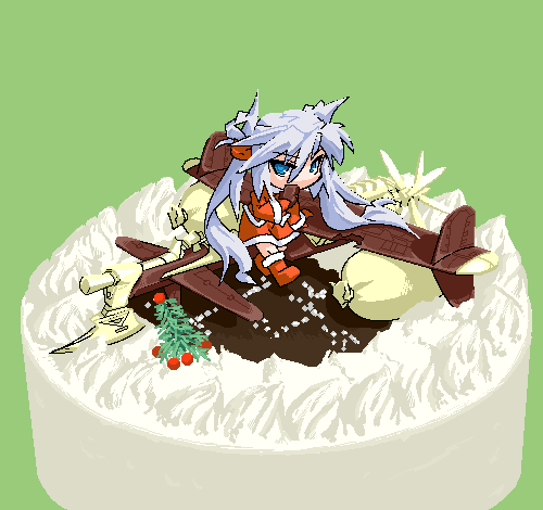 1girl aircraft airplane cake christmas female_focus food in_food lowres mini_person minigirl mof mof&#039;s_silver_haired_twintailed_girl oekaki original pastry santa_costume silver_hair solo