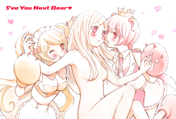 3girls animal_ears animal_hands bear_ears bear_girl breasts clothed_female_nude_female fang gloves hair_censor imminent_kiss long_hair medium_breasts morishima_akiko multiple_girls nude official_art paw_gloves polygamy short_hair smile tsubaki_kureha yuri_kuma_arashi yurigasaki_lulu yurishiro_ginko