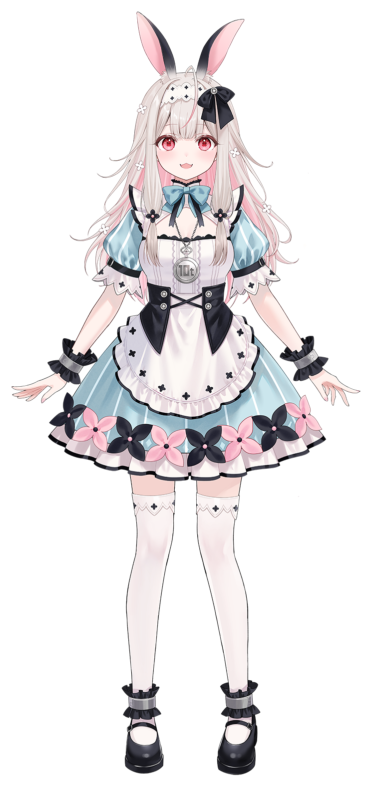 1girl :3 animal_ear_fluff animal_ears black_corset black_shoes blonde_hair blue_bow blue_bowtie blue_dress bow bowtie breasts colored_inner_hair corset dress fukahire_(ruinon) full_body hair_intakes hairband highres long_hair multicolored_hair official_art open_mouth pink_eyes pink_hair puffy_sleeves rabbit_ears shoes simple_background solo striped_clothes striped_dress thighhighs transparent_background two-tone_hair unohana_nonochi varium vertical-striped_clothes vertical-striped_dress virtual_youtuber white_hairband white_thighhighs