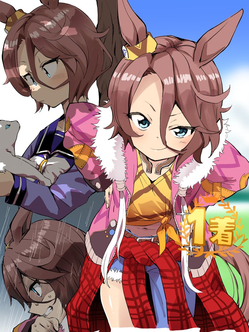1girl animal animal_ears asymmetrical_clothes belt blue_eyes blue_pants blush bow bowtie brown_hair cat clenched_teeth closed_mouth clothes_around_waist denim ear_ornament flat_chest fur-trimmed_jacket fur_trim hair_between_eyes hands_on_own_hips holding holding_animal holding_cat horse_ears horse_girl horse_tail jacket jeans leaning_forward long_sleeves looking_at_viewer midriff multiple_views narita_taishin_(umamusume) navel okachi open_clothes open_jacket outdoors pants pink_jacket purple_shirt rain sailor_collar school_uniform shaded_face shirt short_hair sideways_mouth single_pantsleg smile tail teeth tied_shirt tracen_school_uniform umamusume v-neck wet wiping_face yellow_shirt