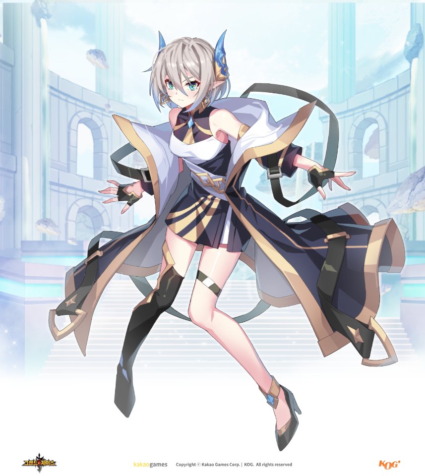 1girl anklet armpits bare_shoulders black_coat black_dress black_gloves black_shoes black_thighhighs blue_eyes breasts brooch coat dragon_horns dress earrings fingerless_gloves full_body gloves gold_trim grand_chase grey_hair hair_between_eyes high_heels horns jewelry long_coat looking_at_viewer medium_breasts off_shoulder official_art open_clothes open_coat outstretched_arms pointy_ears sash shoes short_dress short_hair sidelocks single_thighhigh sleeveless sleeveless_dress slit_pupils solo tachi-e thigh_strap thighhighs thighs tiamat_(grand_chase) v-shaped_eyebrows white_background yeum