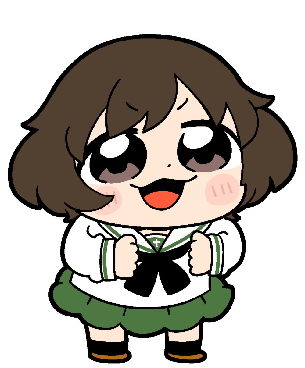 1girl :3 :d akiyama_yukari bkub black_legwear blush brown_eyes brown_footwear brown_hair chibi clenched_hands commentary dot_nose female_focus full_body girls_und_panzer green_serafuku highres long_sleeves medium_hair ooarai_school_uniform open_mouth pleated_skirt sailor_collar school_uniform serafuku simple_background skirt smile solo white_background