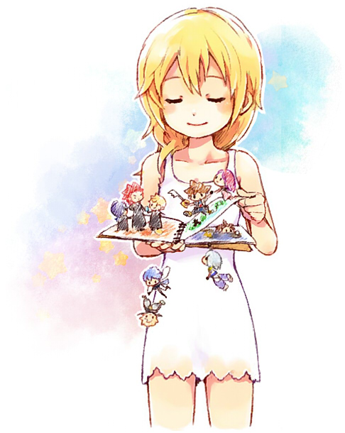 4girls 6+boys aqua_(kingdom_hearts) axel_(kingdom_hearts) black_hair blonde_hair blue_hair book brown_hair chibi closed_eyes commentary_request drawing_(object) dress falling grey_hair hair_over_shoulder hands_up hanging happy holding holding_book holding_hands holding_sketchbook kairi_(kingdom_hearts) keyblade kingdom_hearts kingdom_hearts_358/2_days kingdom_hearts_birth_by_sleep kingdom_hearts:_chain_of_memories kingdom_hearts_ii light_blush long_hair mini_person miniboy minigirl multiple_boys multiple_girls namine outline pastel_colors purple_hair red_hair riku_(kingdom_hearts) roxas sketchbook sleeveless sleeveless_dress smile sora_(kingdom_hearts) standing star_(symbol) terra_(kingdom_hearts) ventus_(kingdom_hearts) white_dress white_outline xion_(kingdom_hearts) yubon