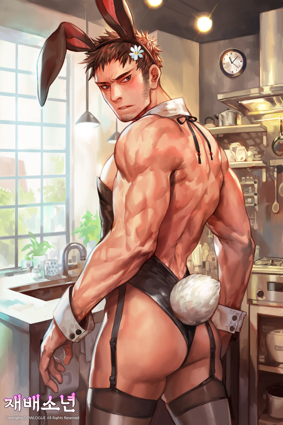 1boy animal_ears ass bara bare_back black_leotard blush cafeteria character_request check_copyright copyright_request crossdressing facial_hair fake_animal_ears feet_out_of_frame flower goatee_stubble hair_flower hair_ornament highres kitchen latex latex_legwear legwear_garter leotard long_sideburns looking_back male_focus male_playboy_bunny mature_male muscular muscular_male official_art pectorals rabbit_ears rabbit_tail short_hair sideburns sideburns_stubble sidepec solo standing stubble tail thighhighs thighhighs_pull thighs turning_head white_flower wrist_cuffs yi_lee
