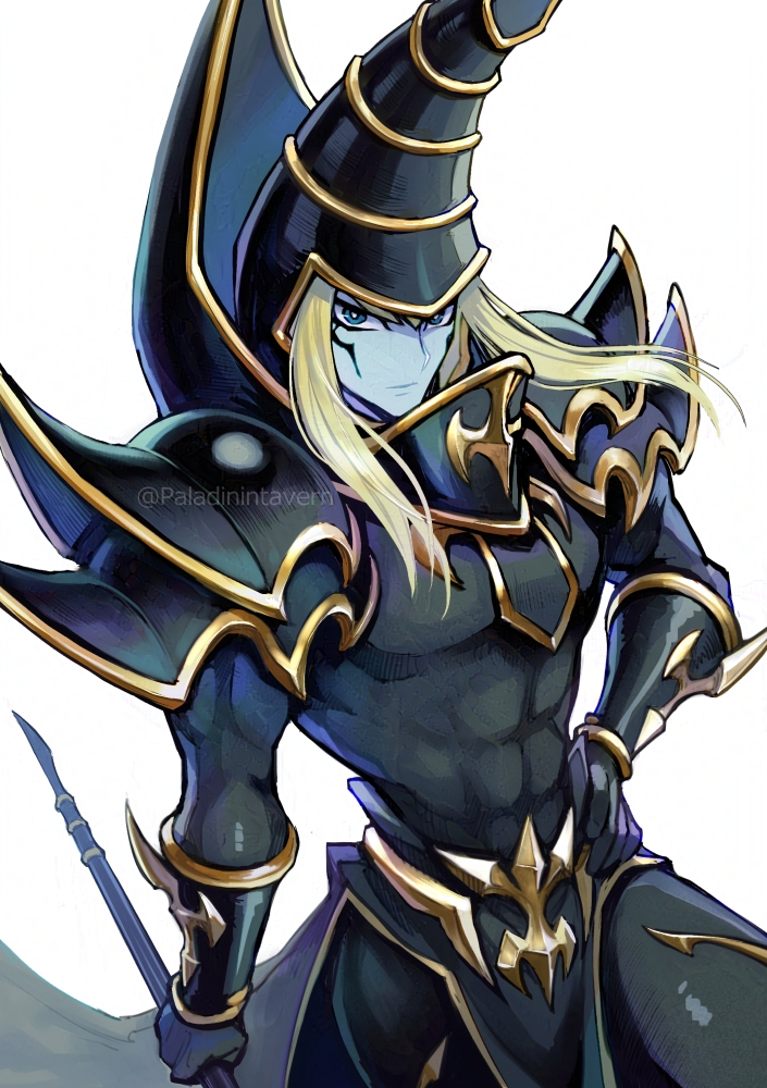 1boy abs armor black_armor black_hat blonde_hair blue_eyes blue_skin colored_skin dark_magician dark_magician_the_ebon_sorcerer duel_monster facial_mark hat holding holding_staff izapara looking_at_viewer male_focus revision shoulder_armor simple_background solo staff toned toned_male twitter_username white_background yu-gi-oh!