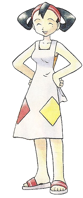 1990s_(style) 1girl apron bad_anatomy black_hair johto_mother mature_female mother_(pokemon) nintendo official_art pokemon pokemon_gsc retro_artstyle sugimori_ken