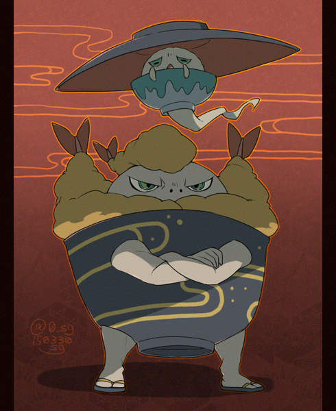 10s artist_name bowl crossed_arms dated food gradient_background green_eyes no_humans pillarboxed pridon rice_bowl sandals sg_(suuchan) shrimp shrimp_tempura standing tempura traditional_youkai twitter_username urayameshi youkai_watch youkai_watch_2