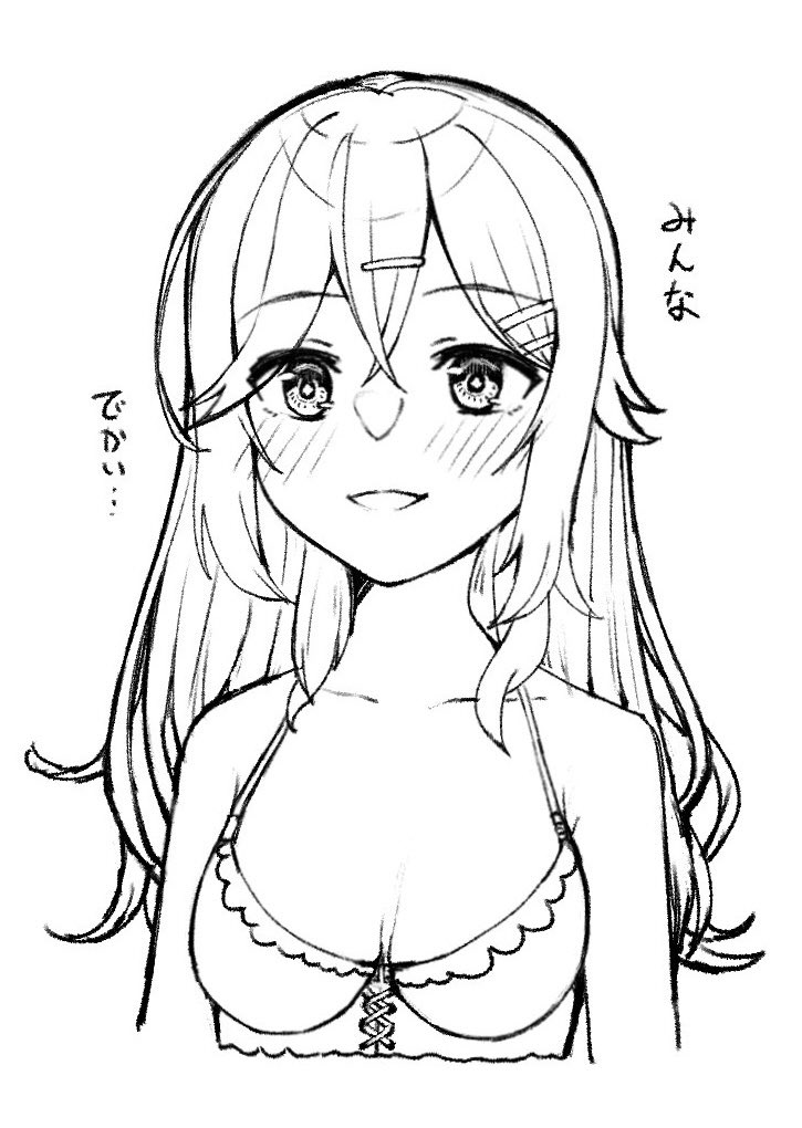 1girl bare_shoulders bikini blush breast_conscious breasts collarbone commentary cropped_torso crossed_bangs double-parted_bangs frilled_bikini frills hair_between_eyes hair_ornament hairclip halterneck kinoshita_kaede long_hair looking_at_viewer monochrome open_mouth sidelocks simple_background sketch small_breasts smile solo swimsuit tenshi_souzou_re-boot! tft_(tft7822) translated tsurime white_background