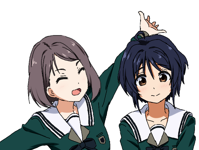 22/7 22/7_ongaku_no_jikan 2girls ^_^ ahoge asymmetrical_hair black_bow black_bowtie blue_hair bow bowtie brown_eyes closed_eyes closed_mouth collarbone dark_blue_hair green_shirt grey_hair hiiragi_tsubomi igashiko long_sleeves looking_at_another looking_down medium_hair multiple_girls oekaki open_mouth outstretched_arms rokubanchou_school_uniform sailor_collar school_emblem school_uniform serafuku shirt short_hair shy simple_background smile takigawa_miu upper_body white_background white_sailor_collar winter_uniform