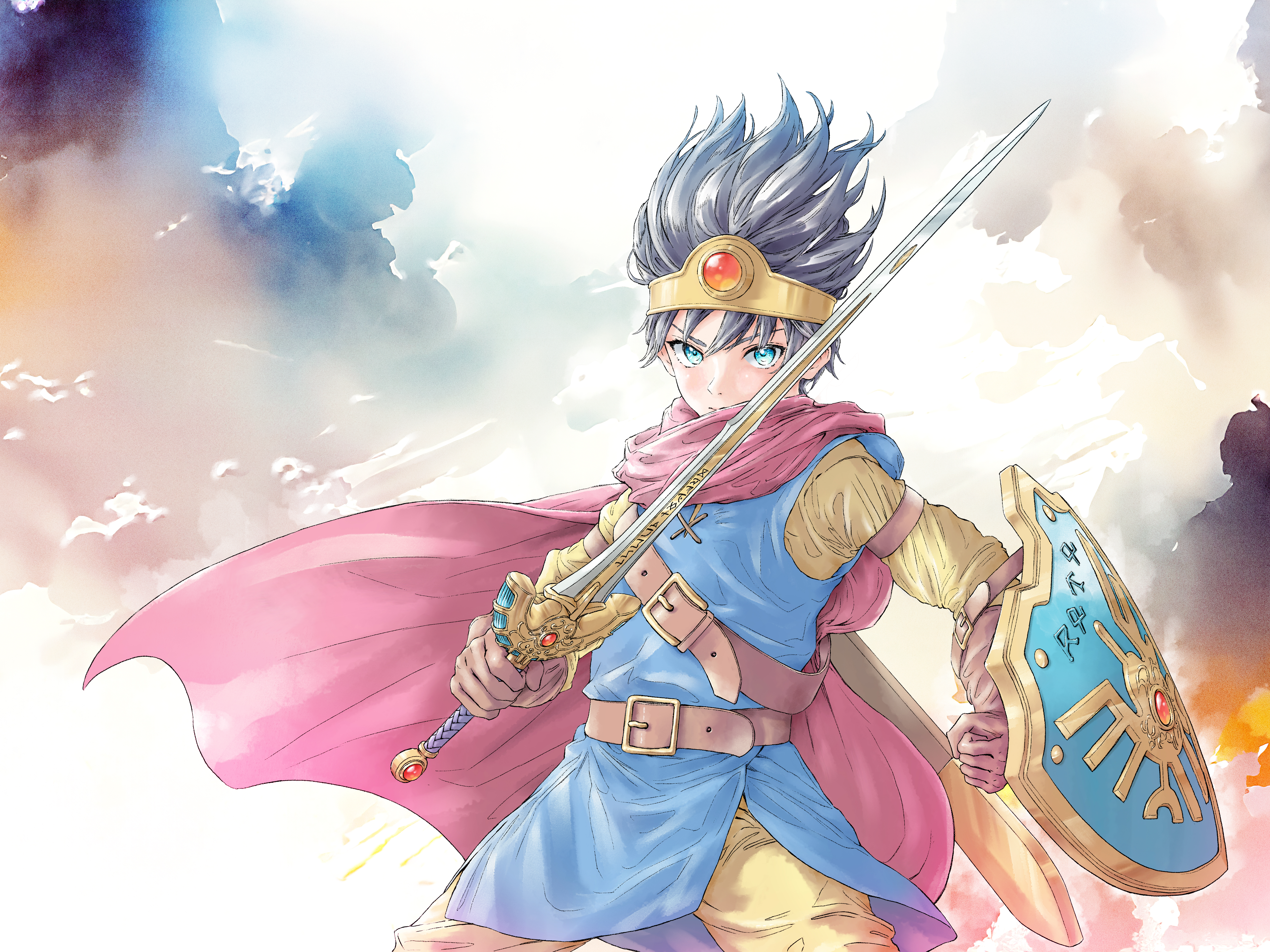1boy absurdres armlet belt black_hair blue_eyes blue_tunic brown_belt brown_gloves cape circlet closed_mouth cloud commentary_request dragon_quest dragon_quest_iii erdrick&#039;s_shield erdrick&#039;s_sword floating_cape floating_clothes floating_hair gem gloves gold_circlet hero_(dq3) highres holding holding_shield holding_sword holding_weapon jewelry looking_at_viewer male_focus momo_oddeye pants pink_cape red_gemstone roto_(dq3) scabbard sheath shield short_hair solo spiked_hair sword tunic weapon yellow_pants yellow_sleeves