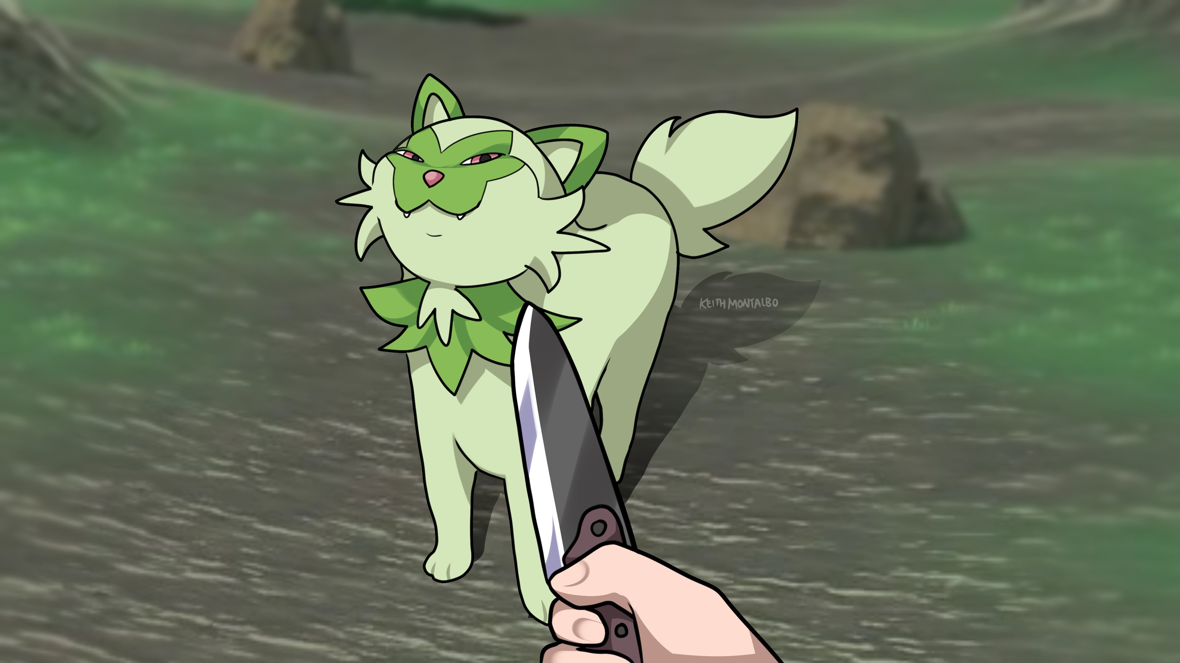 1other absurdres at_knifepoint cat commentary english_commentary fangs grass highres holding holding_knife keith_montalbo knife knife_cat_(meme) meme nintendo outdoors pokemon pokemon_(creature) pov pov_hands shadow signature smile smug sprigatito
