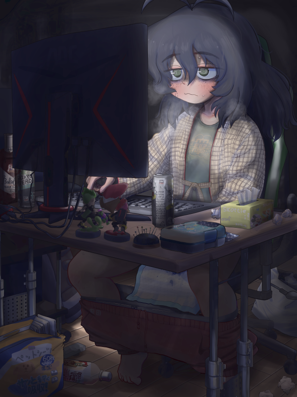 1girl ahoge alcohol antenna_hair barefoot beer_can blush can chair clothes_pull computer dark desk drink_can eyebrows_hidden_by_hair female_masturbation figure gaming_chair green_eyes hair_between_eyes hair_down iron-chan_(mushita_iron) jimiko long_hair masturbation messy_room mojyo monitor mushita_iron nintendo original pants pants_pull solo splatoon_(series) sweatdrop swivel_chair thick_eyebrows tissue tissue_box wavy_mouth