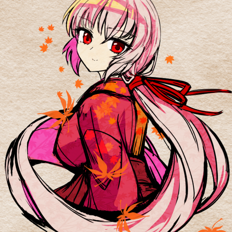 1girl anmita_(rarutos) ariwara_no_miyabiko breasts closed_mouth hair_ribbon hakama infinite_blade_pavilion japanese_clothes kimono large_breasts leaf_print long_hair long_sleeves looking_at_viewer original pink_hair ponytail red_eyes red_hakama red_kimono red_ribbon ribbon smile solo touhou