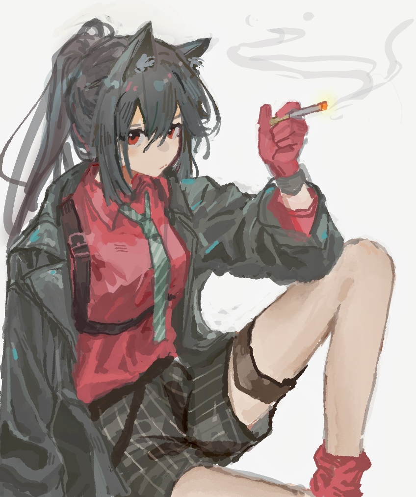 1girl arknights benpao_gou_gou between_fingers black_hair black_jacket black_shorts chinese_commentary cigarette closed_mouth collared_shirt commentary_request diagonal-striped_clothes diagonal-striped_necktie gloves green_necktie grey_background hair_between_eyes holding holding_cigarette jacket knee_up long_hair looking_at_viewer necktie oekaki official_alternate_costume red_eyes red_gloves red_shirt shirt shorts simple_background sitting smoke solo striped_clothes striped_shorts texas_(arknights) texas_(willpower)_(arknights) thigh_strap vertical-striped_clothes vertical-striped_shorts