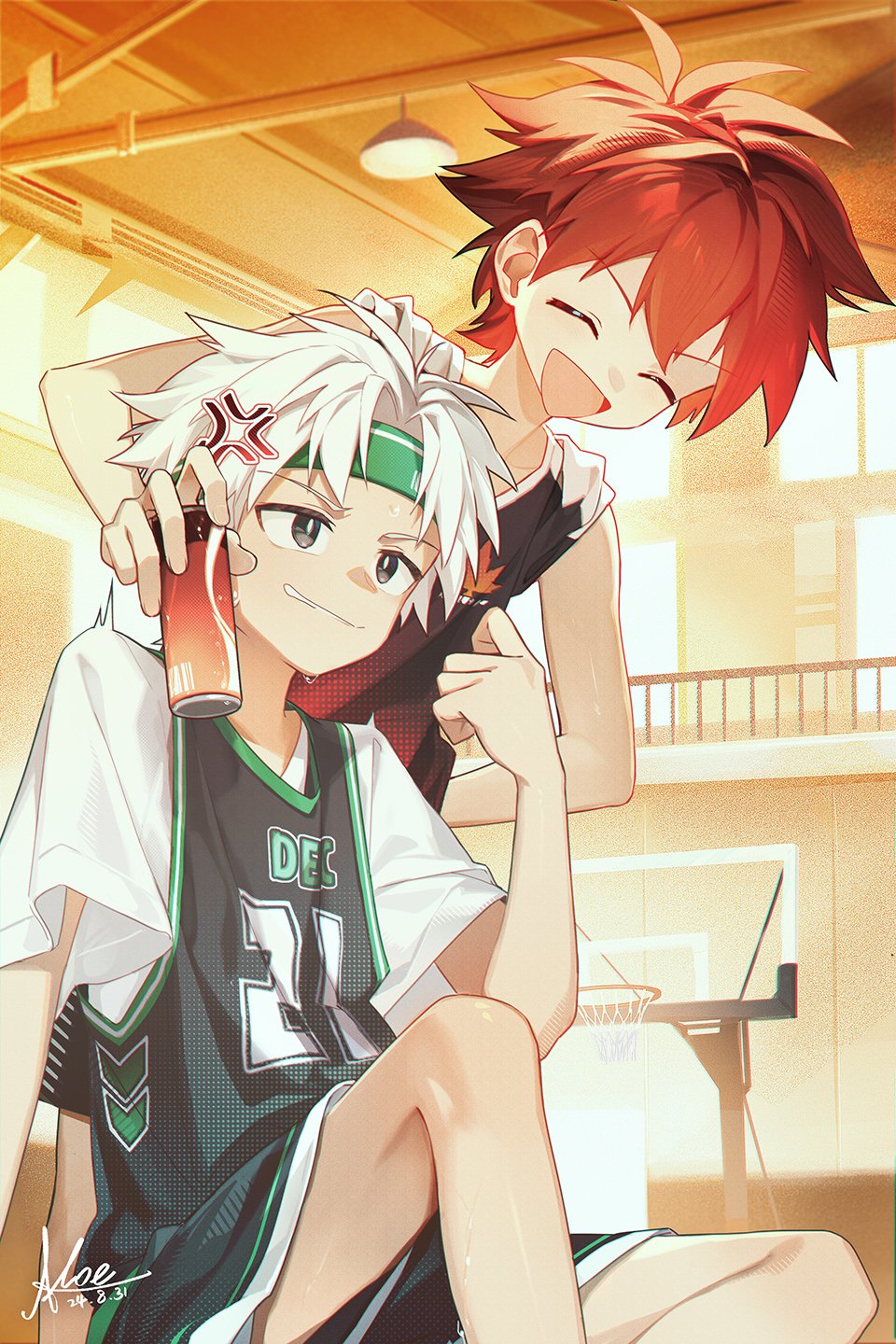 2boys anger_vein basketball_hoop basketball_uniform black_eyes can clenched_hand closed_eyes commentary_request dated green_headband gym headband highres holding holding_can indoors koe_(mixpi) male_focus multiple_boys open_mouth original red_hair shirt short_sleeves signature sitting spikes sportswear sweat white_hair