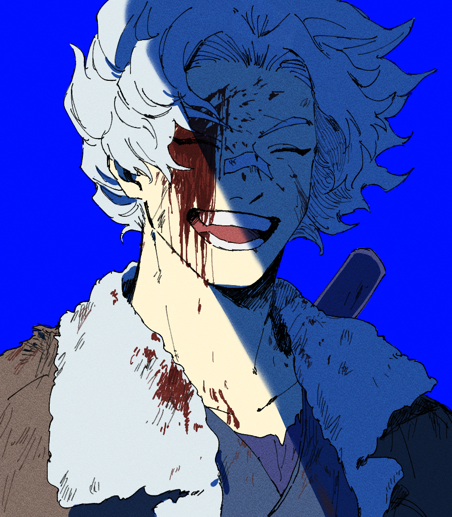 1boy bandaid bandaid_on_face bandaid_on_nose blood blood_on_clothes blood_on_face boku_no_hero_academia brown_coat closed_eyes coat collarbone facing_ahead fur-trimmed_coat fur_trim injury loud_cloud male_focus open_mouth rnuyvm short_hair sidelighting simple_background solo teeth white_hair