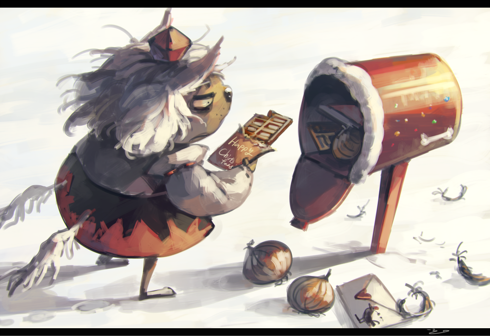 1girl candy chocolate chocolate_bar commentary feathers female_focus food inubashiri_momiji koto_inari letter letterboxed low_wings mailbox onion shameimaru_aya shameimaru_aya_(crow) short_hair snow solo touhou wings
