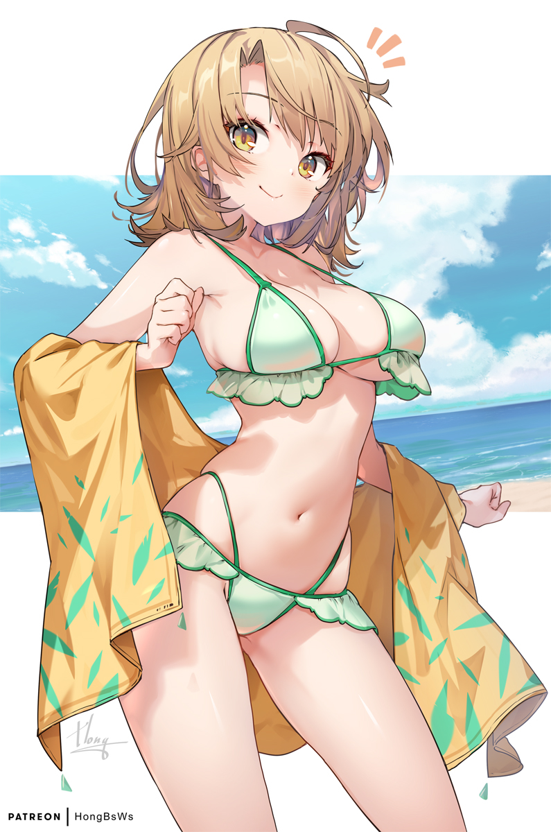 1girl ahoge alternate_breast_size alternate_costume beach bikini blue_sky blush breasts brown_eyes brown_hair cleavage closed_mouth cloud commentary day duplicate frilled_bikini frills green_bikini highres hong_(white_spider) horizon isshiki_iroha large_breasts looking_at_viewer medium_hair multi-strapped_bikini_bottom navel ocean outdoors sand sky smile solo swimsuit towel water yahari_ore_no_seishun_lovecome_wa_machigatteiru.