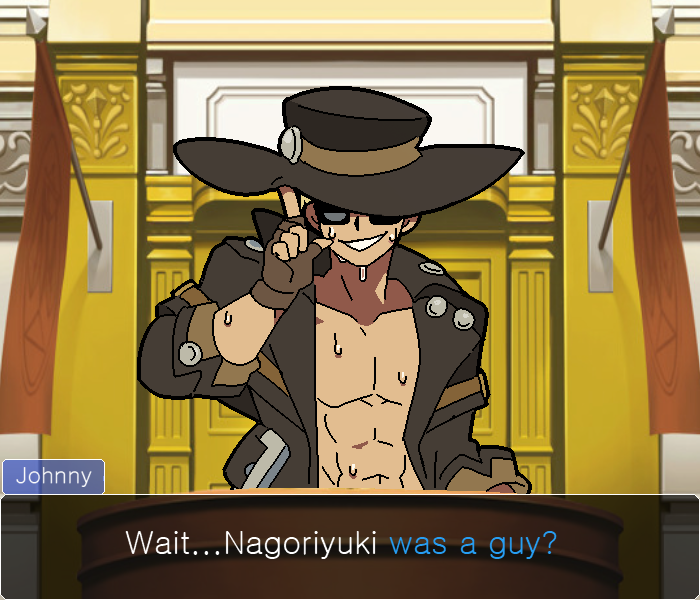 1boy abs ace_attorney adjusting_clothes adjusting_headwear black_hat brown_gloves character_name commentary cowboy_hat english_commentary english_text fingerless_gloves gloves guilty_gear guilty_gear_strive hat jacket johnny_(guilty_gear) kekeken male_focus no_shirt open_clothes open_jacket parody smile solo style_parody sunglasses sweat