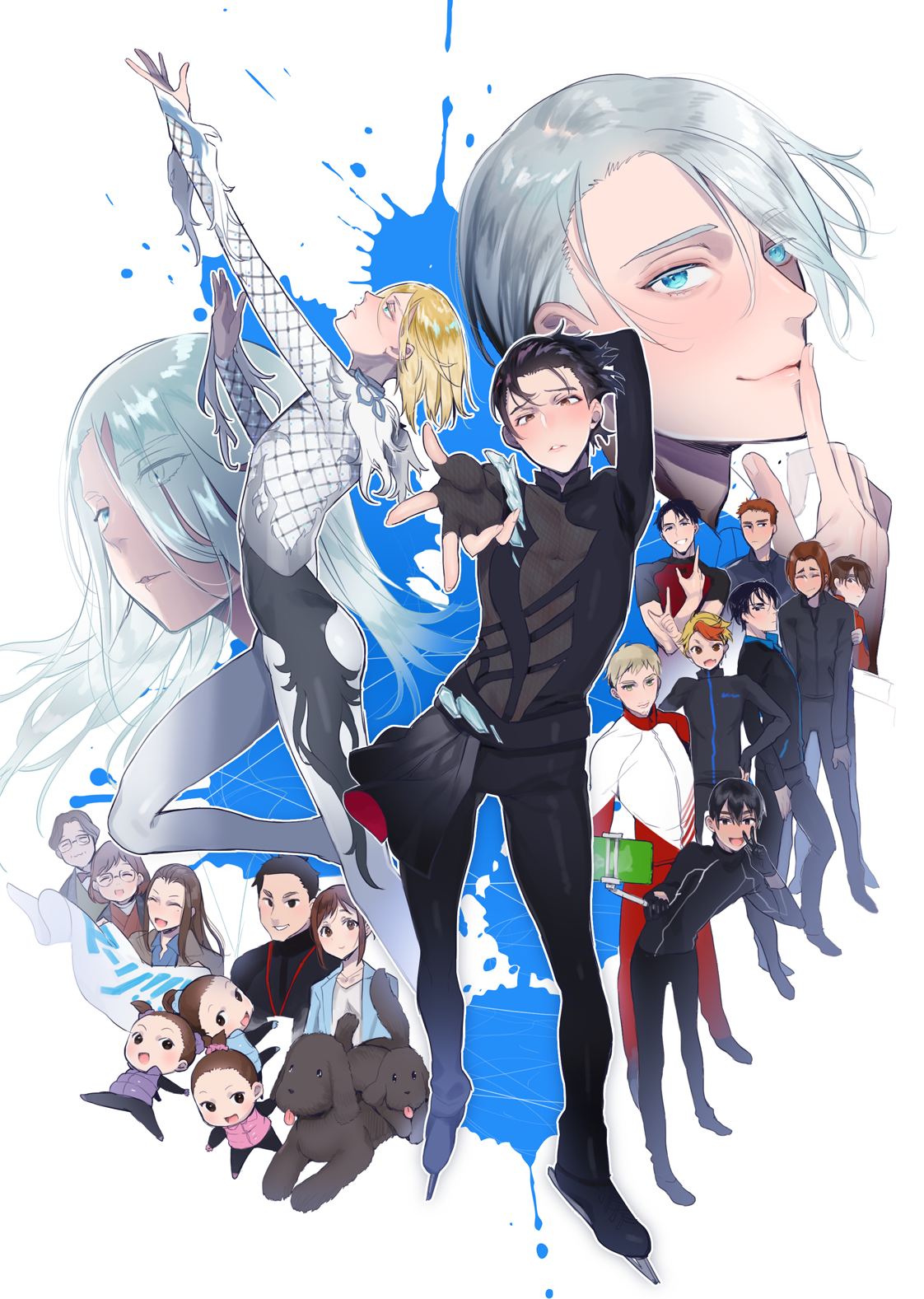 10s 6+boys 6+girls :d ^_^ animal aqua_eyes arm_up bad_id bad_pixiv_id banner black_eyes black_gloves black_hair blonde_hair blue_eyes blush bodysuit brown_eyes brown_hair cellphone christophe_giacometti closed_eyes dog dual_persona closed_eyes eyes_visible_through_hair finger_to_mouth fingerless_gloves glasses gloves green_eyes hair_bun hair_over_one_eye happy highres ice_skates jacket jean-jacques_leroy ji_guang-hong katsuki_hiroko katsuki_toshiya katsuki_yuuri lee_seung-gil leo_de_la_iglesia long_hair looking_at_viewer makkachin michele_crispino minami_kenjirou mole mole_under_eye multicolored_hair multiple_boys multiple_girls nishigoori_axel nishigoori_loop nishigoori_lutz nishigoori_takeshi nishigoori_yuuko nito_(siccarol) okukawa_minako open_mouth paint_splatter pants parted_lips phichit_chulanont phone ponytail red_hair selfie shoes short_hair silver_hair single_hair_bun skates smartphone smile splatter tongue tongue_out track_jacket twintails vicchan viktor_nikiforov white_background yuri!!!_on_ice yuri_plisetsky