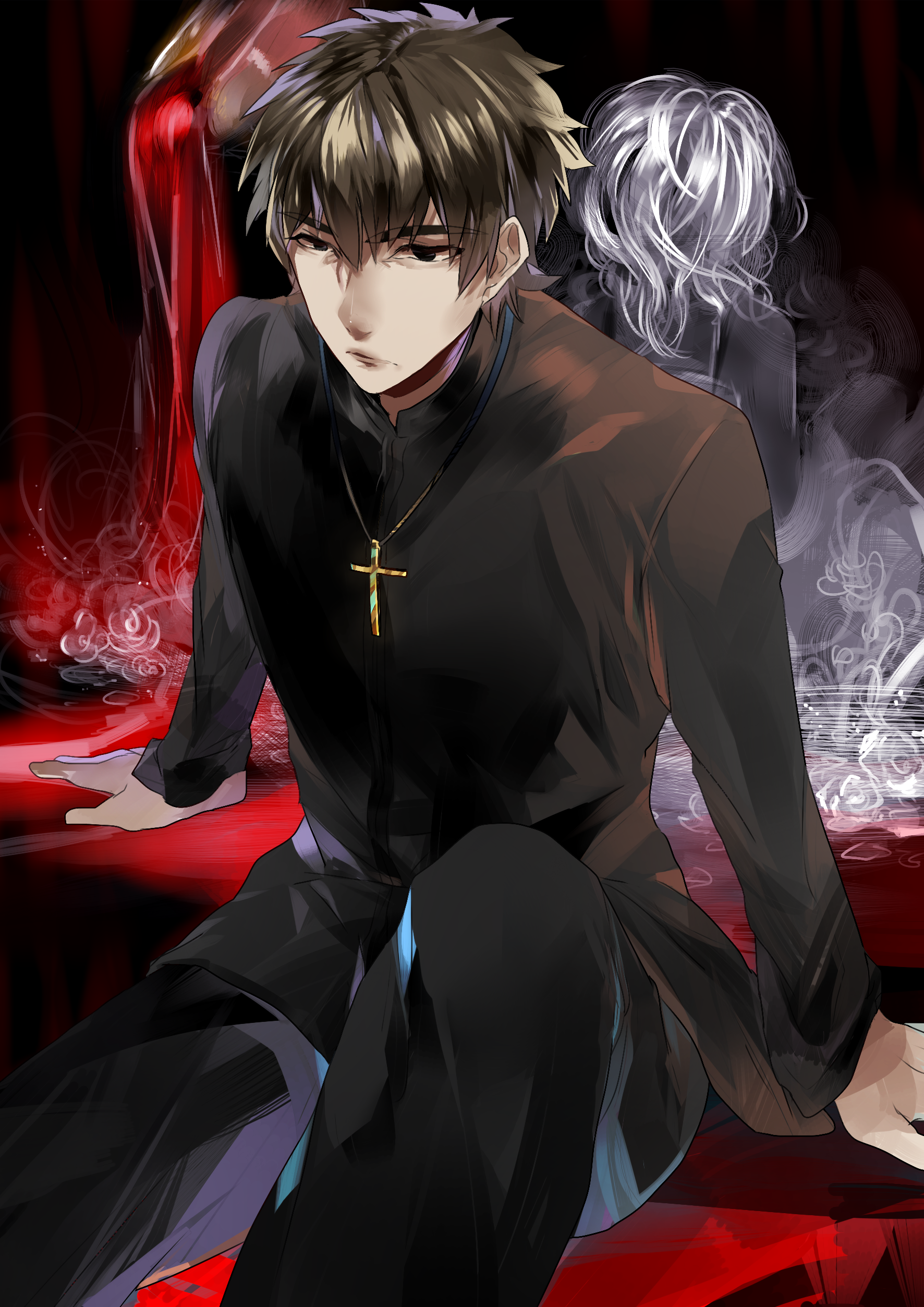 1boy 1girl absurdres back-to-back black_eyes brown_hair claudia_hortensia cross cross_necklace fate/zero fate_(series) highres husband_and_wife jewelry kotomine_kirei morita_baltan necklace wavy_hair white_hair