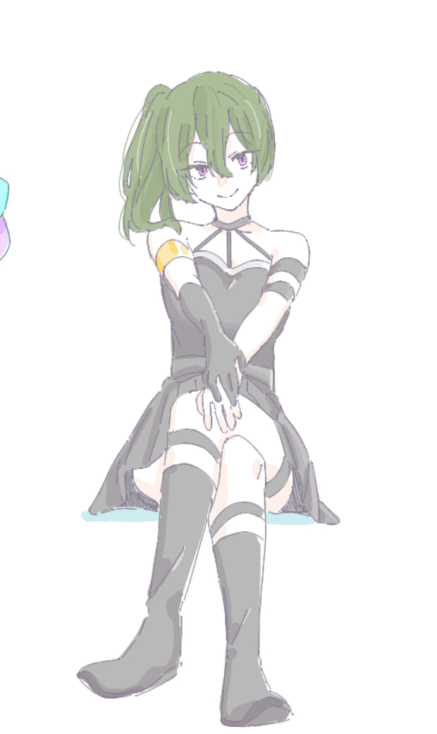 1girl bare_shoulders black_boots black_dress black_gloves boots closed_mouth colored_shadow crossed_legs dress elbow_gloves gloves green_hair hair_between_eyes purple_eyes seila_rei shadow side_ponytail simple_background single_glove sitting smile solo sousou_no_frieren thigh_strap ubel_(sousou_no_frieren) white_background