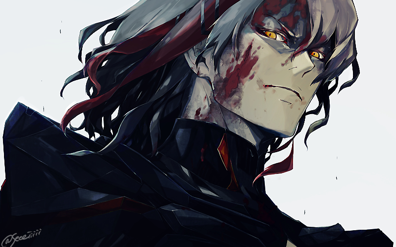 1boy armor black_armor blood blood_on_face blood_splatter closed_mouth fate/grand_order fate_(series) grey_background hair_between_eyes looking_at_viewer male_focus odysseus_(fate) orange_eyes portrait sei_8220 serious signature simple_background solo white_background